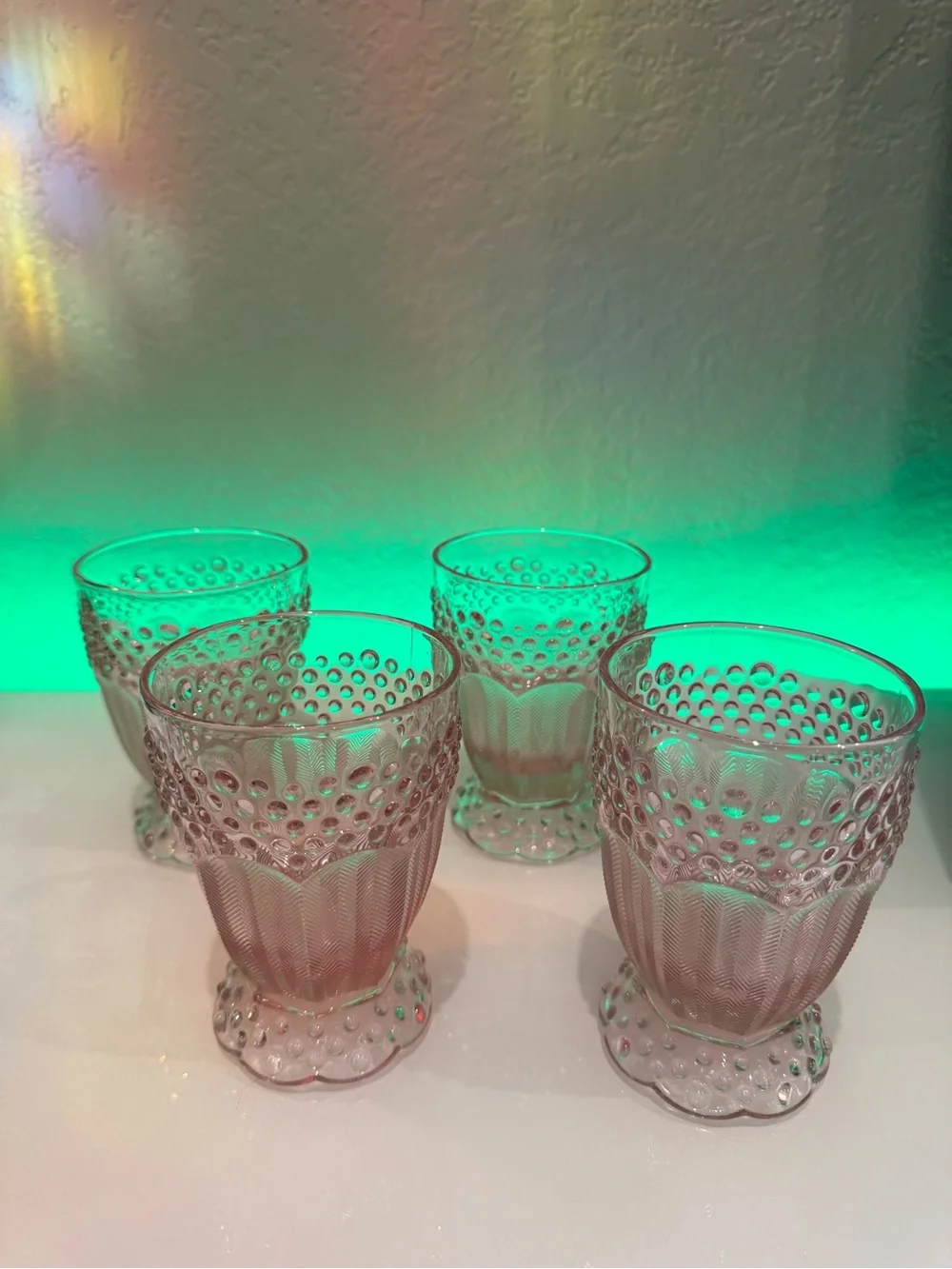Gorham Crystal Emily's Attic Pink Hobnail Goblets 5’Italy~4 Pc Set excllent cond